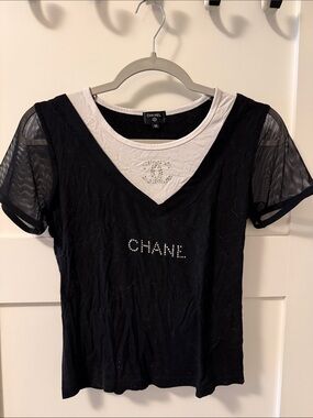 CHANEL Black and White Layered V‑Neck Tee with Mesh Sleeves